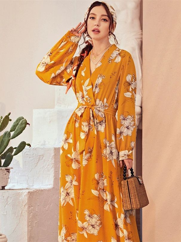 Elegant Vacation-Style Printed V-Neck, Cinched Waist And Belted Dress For Women_ecoleips.com