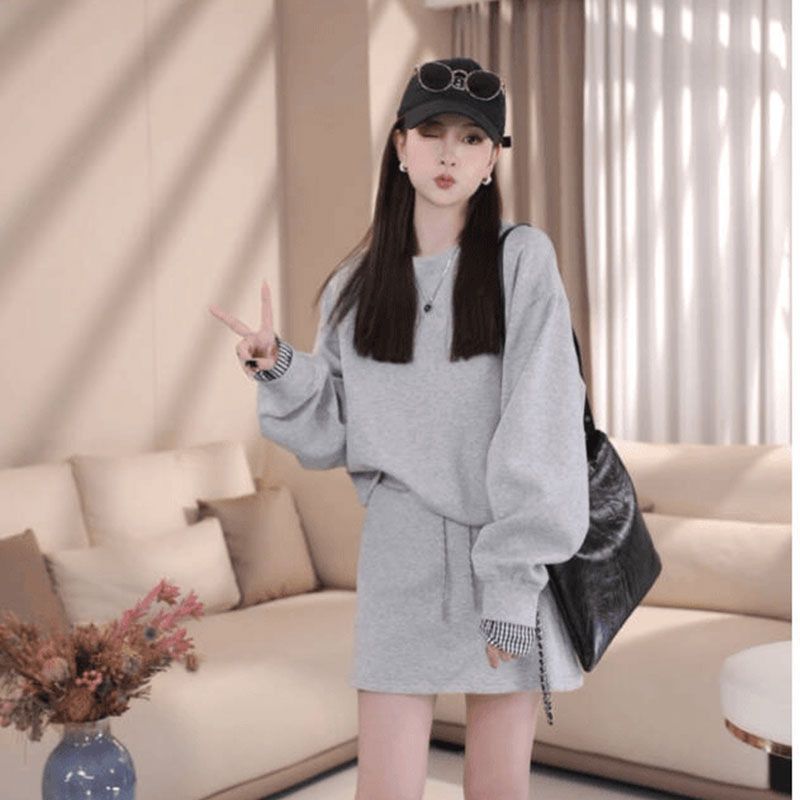 Women's Fashion Sportswear Set Dongdaemun Korean Style Loose Fit High-End Feel Sweatshirt And Skirt Two-Piece Casual Outfit_ecoleips.com