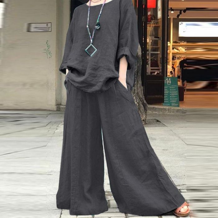 Women's Casual Loose Solid Color Cotton Linen Shirt Long Sleeved Two Piece Set_ecoleips.com