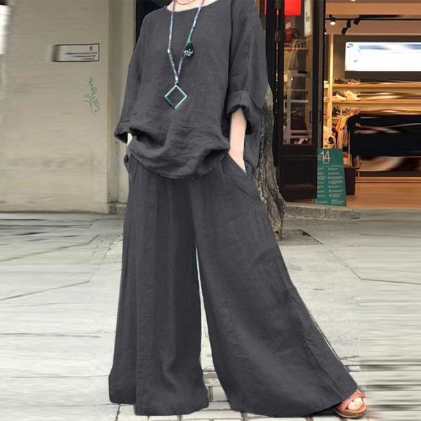 Women's Casual Loose Solid Color Cotton Linen Shirt Long Sleeved Two Piece Set_ecoleips.com
