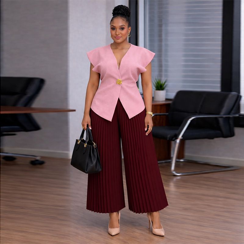 Women's African Print Pant Set V-Neck Short Sleeve Top With Pleated Trousers American Style Plus Size Summer Temperament_ecoleips.com