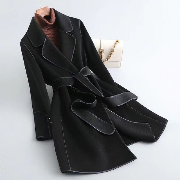 Elegant Wool Blend Long Coat For Women - Timeless Trench Style With Polo Collar, Medium Weight, Classic Solid Colors_ecoleips.com