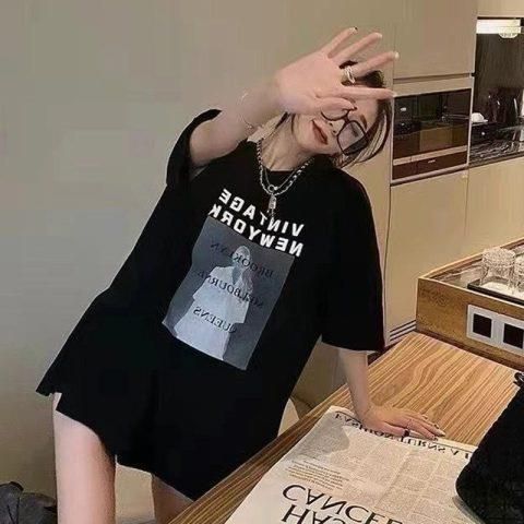 Women's Mid Length T-Shirt Summer Style Letter Print Short Sleeved Trendy Base Layer Top Loose Fit Half Sleeve_ecoleips.com