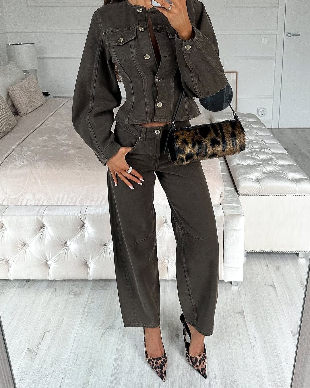 Women's Clothing Fashion Retro Slim Fit Single Breasted Denim Suit With Wide Leg Pants_ecoleips.com