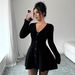 F00126DM European And American Women's Clothing 2025 Autumn New Low-Cut Long-Sleeve Cardigan Elegant Knit Dress_ecoleips.com