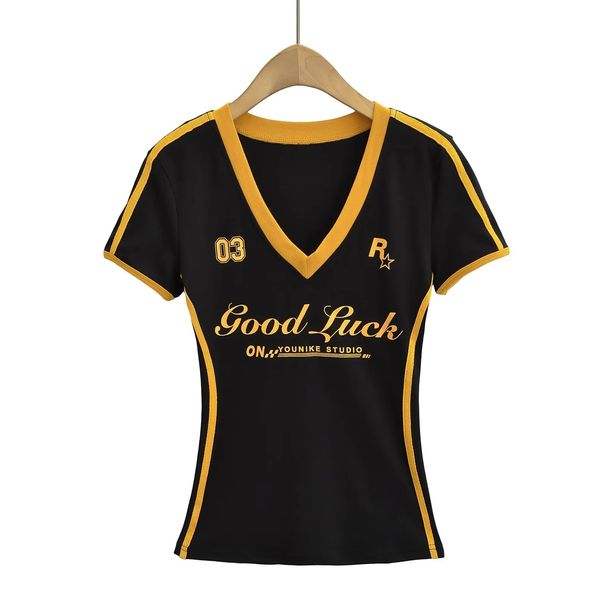 Women's Clothing Women's Spicy Retro Preppy Style Short Sleeve T-Shirt Color Block Striped V Neck Slim Fit Base Layer Top Trendy Letter Print Elastic_ecoleips.com