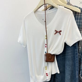 Ladies' Summer Knit Top – Breathable Cotton-Polyester Blend, Open-Front Design With Colorful Buttons (Blue & White, One Size Fits S-L)_ecoleips.com