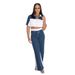 Women's Clothing Denim Stitching Color Stand Up Collar Zipper Top Wide Leg Pants Two Piece Suit For Women_ecoleips.com