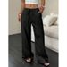 Women's High-Waisted Wide-Leg Pants – Knot Detail & Slant Pockets, Polyester Casual Trousers For Summer_ecoleips.com