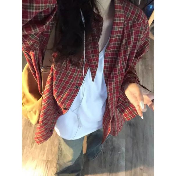 Vintage Red Checkered Long-Sleeved Shirt For Women A Spring Top With A Relaxed, Casual Style Perfect For Petite Figure_ecoleips.com