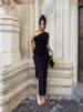 AC022 European And American 2024 Summer New Women's Solid Color One-Shoulder Sleeveless Ruched Slit Elegant Dress_ecoleips.com