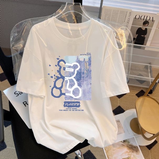 Women's Pure Cotton T-Shirt Short Sleeve Round Neck Loose Fit Mid-Length Summer Top Trendy Style Large Size 200g_ecoleips.com