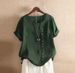 Summer Retro Women's Crew Neck Short Sleeve T-Shirt plus Size Casual Loose Button Cotton Linen Pullover Top Solid Color_ecoleips.com