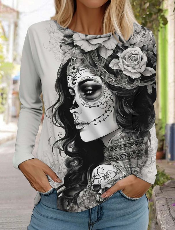 Sugar Skull Pattern Womens Long Sleeve Shirt Day Of The Dead Shirts Fashion 3D Printed Tops Summer Gothic Style Women's Clothing_ecoleips.com