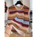 Women's Clothing Retro Contrast Color Striped Sweater Hollow Design Sleeveless Top Loose Slim T Shirt_ecoleips.com