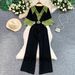 Elegant French-Inspired V-Neck Short Sleeve Jumpsuit With Contrast Color & Waist Belt - Flowy Wide Leg Pants For Women, Summer Retro Chic Outfit_ecoleips.com