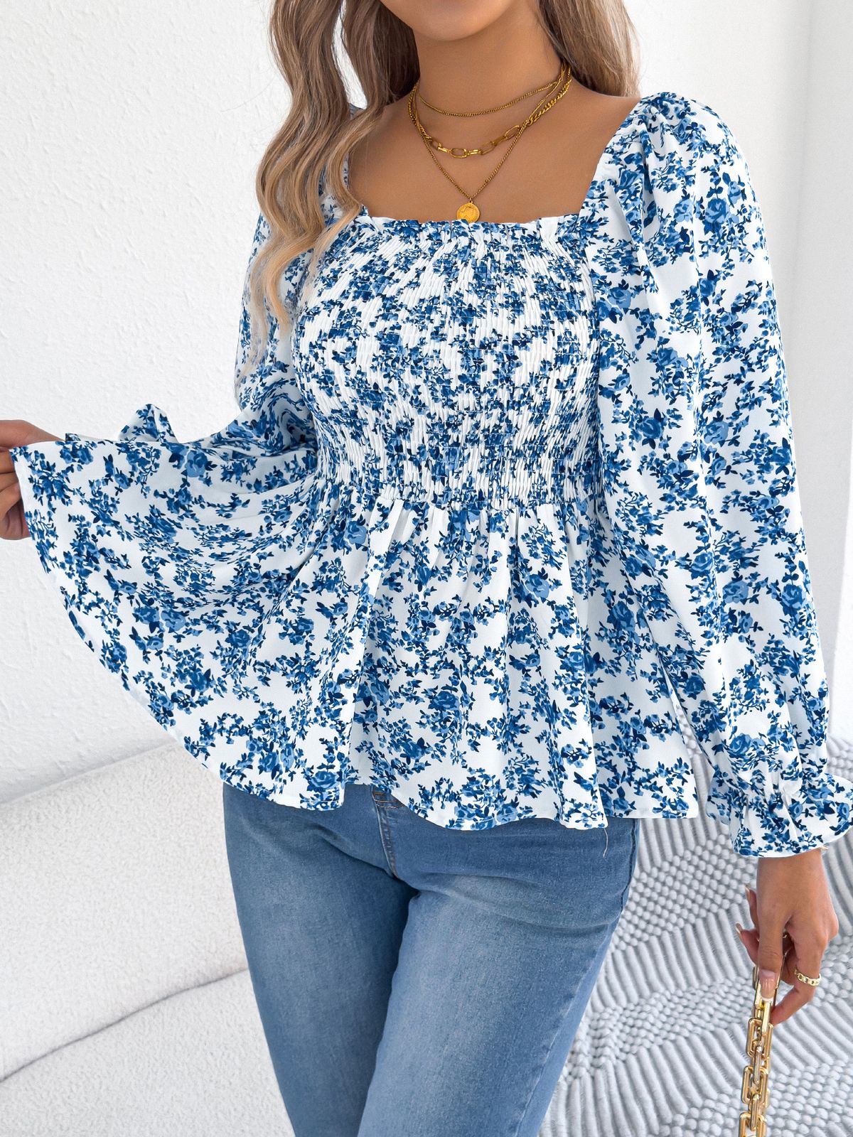 2026 Sprin/Summer Casual Square Neck Bell Sleeve Floral Chiffon Blouse Vacation Top Cross-Border Women's_ecoleips.com