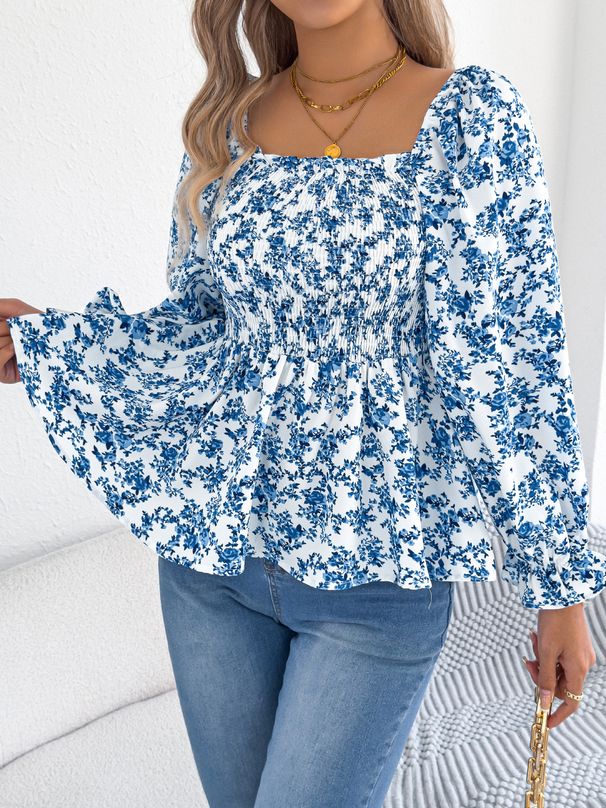 2026 Sprin/Summer Casual Square Neck Bell Sleeve Floral Chiffon Blouse Vacation Top Cross-Border Women's_ecoleips.com