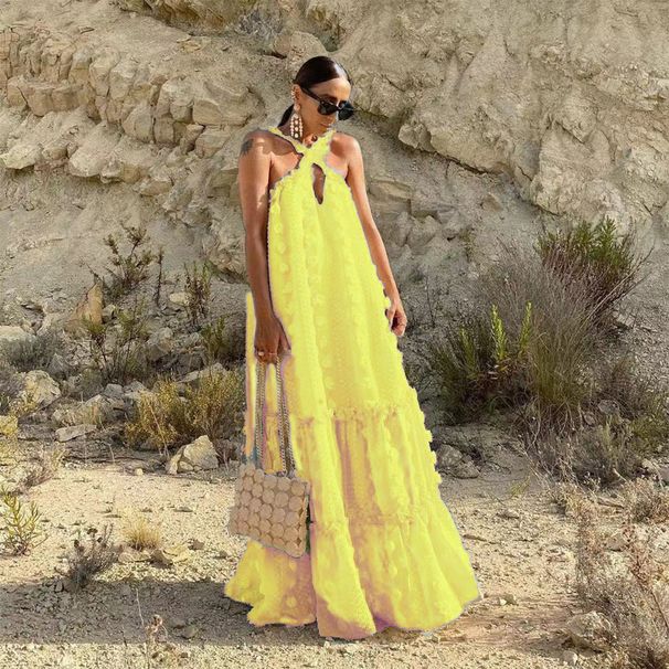 Women Solid Color Fashion 3D Flower Floor Length Tiered Cake Dress Casual Party Evening Long Maxi Dress_ecoleips.com