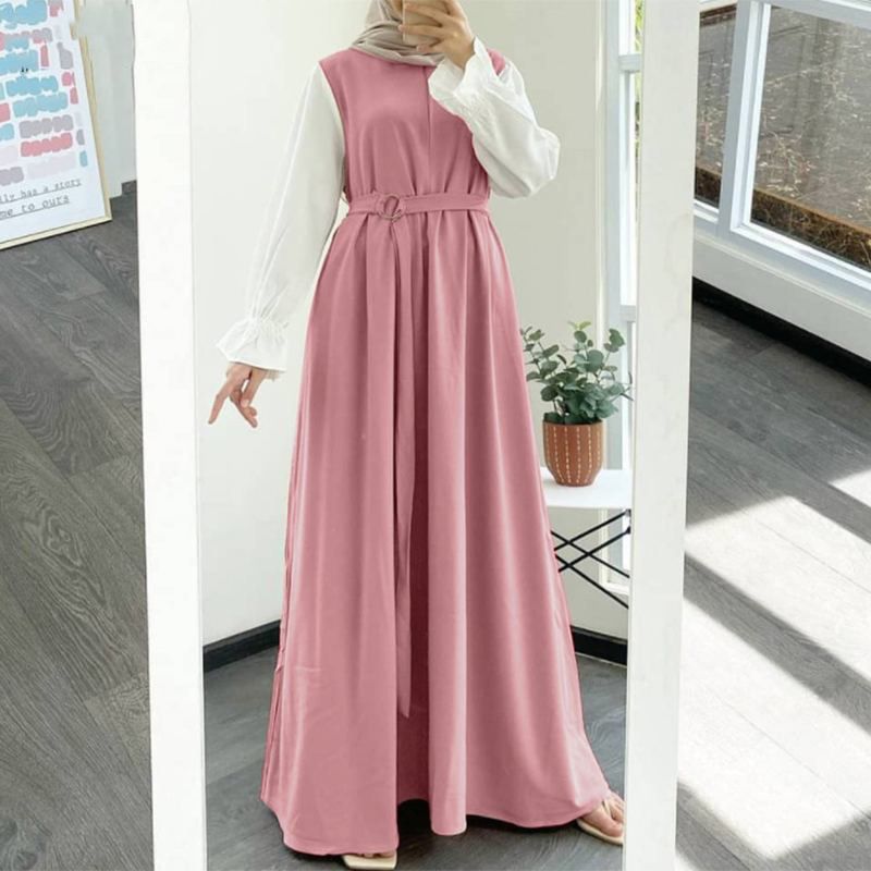 Verve 2025 New Women's Dress Casual Patchwork Long Sleeve Tie Vest Clothing Muslim Robe_ecoleips.com