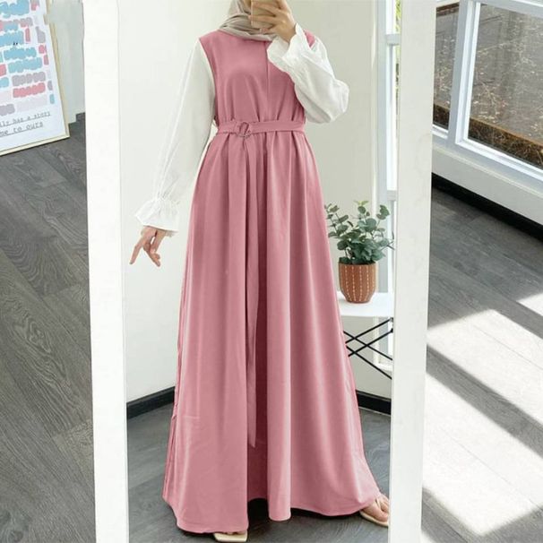 Verve 2025 New Women's Dress Casual Patchwork Long Sleeve Tie Vest Clothing Muslim Robe_ecoleips.com