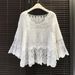 Bell-sleeve Top, Pullover Sun Protection Outerwear, Women's Spring-summer White Mesh Lace Short Chiffon Shirt_ecoleips.com