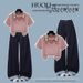 Women's Stylish Color Block Plaid Polo Collar Top With Bow Tie Wide Leg Jeans Set Short Sleeved Suit_ecoleips.com