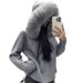Women's Knit Cardigan With Hood & Faux Fur Trim, Oversized Long Sleeve Zip-Up Sweater, Cozy Winter Loungewear_ecoleips.com