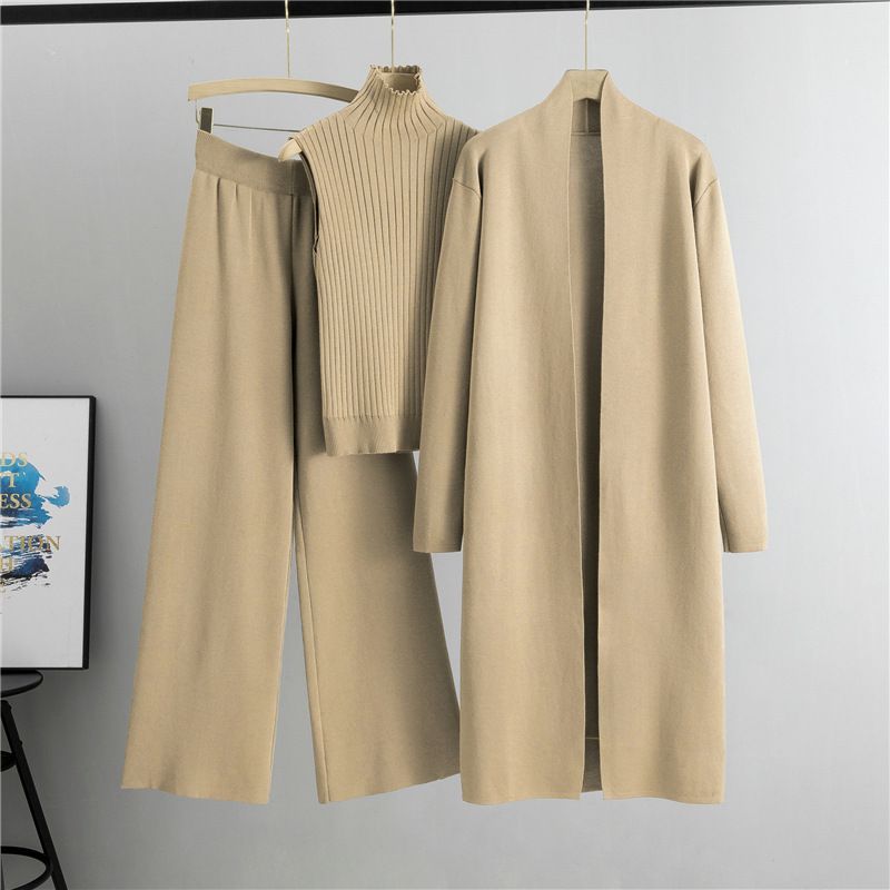 New Lazy Temperament Knitted Suit Sleeveless Vest Sweater Cardigan Pants Three Piece Set_ecoleips.com