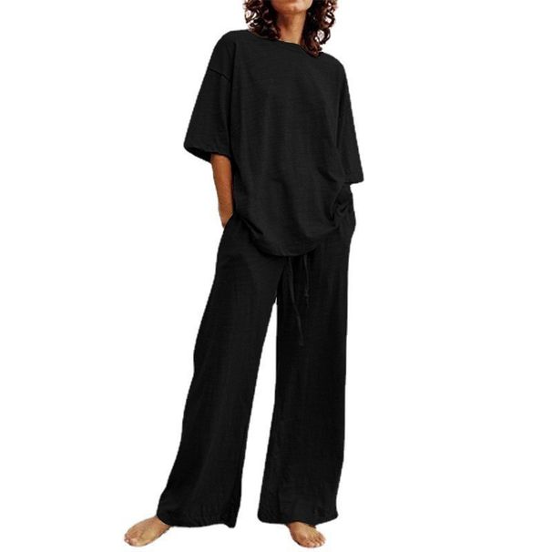 Fashion Women's 2-Piece 2026 Summer Casual Belt Pocket Half Sleeve O-Neck Top And Wide-Leg Pants Set_ecoleips.com
