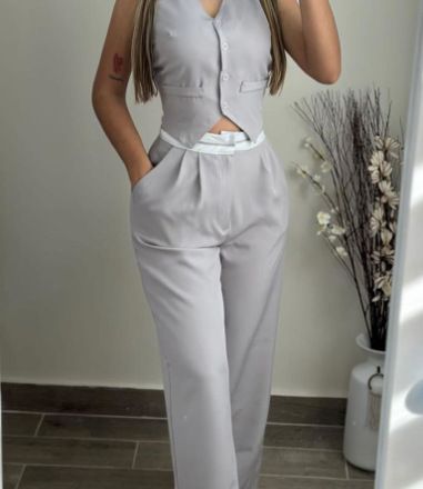Women's Clothing Hot Girl Outerwear Vest Contrast Color High Waist Wide Leg Trousers Casual Suit_ecoleips.com