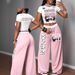 Women's Retro Pictographic Print T-Shirt And Wide Leg Pants Set Casual Comfortable 2-Piece Home Or Outerwear Clothing_ecoleips.com