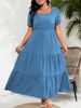 Women's Clothing Puff Sleeve Square Neck Back Pleated Short Sleeve Pocket Dress_ecoleips.com
