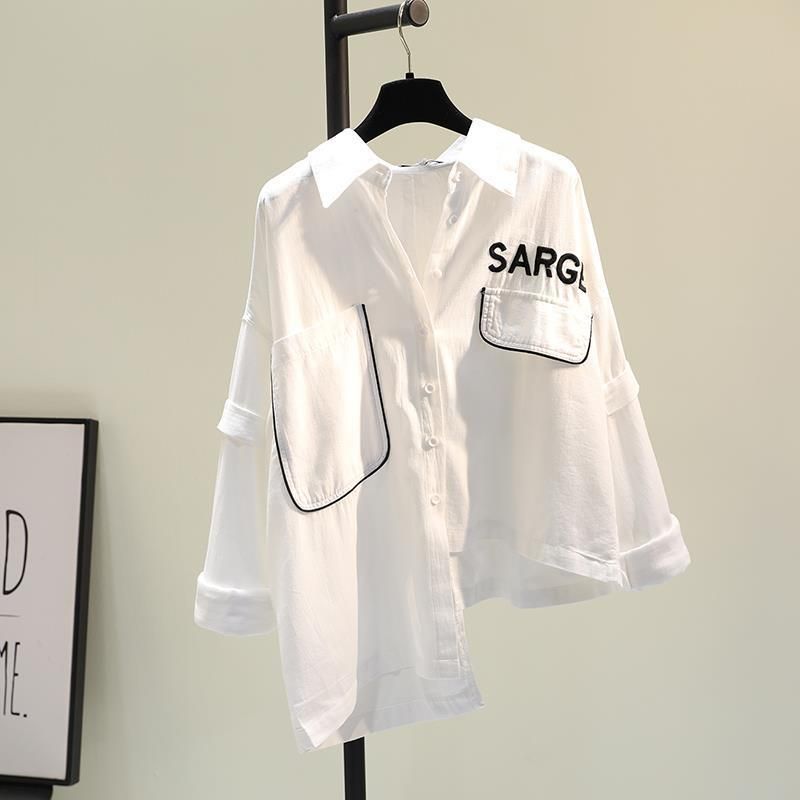 Women's Clothing White Embroidered Letters Irregular Cotton And Linen Shirt Women's Spring And Summer New Version Loose Casual Shirt Tops_ecoleips.com