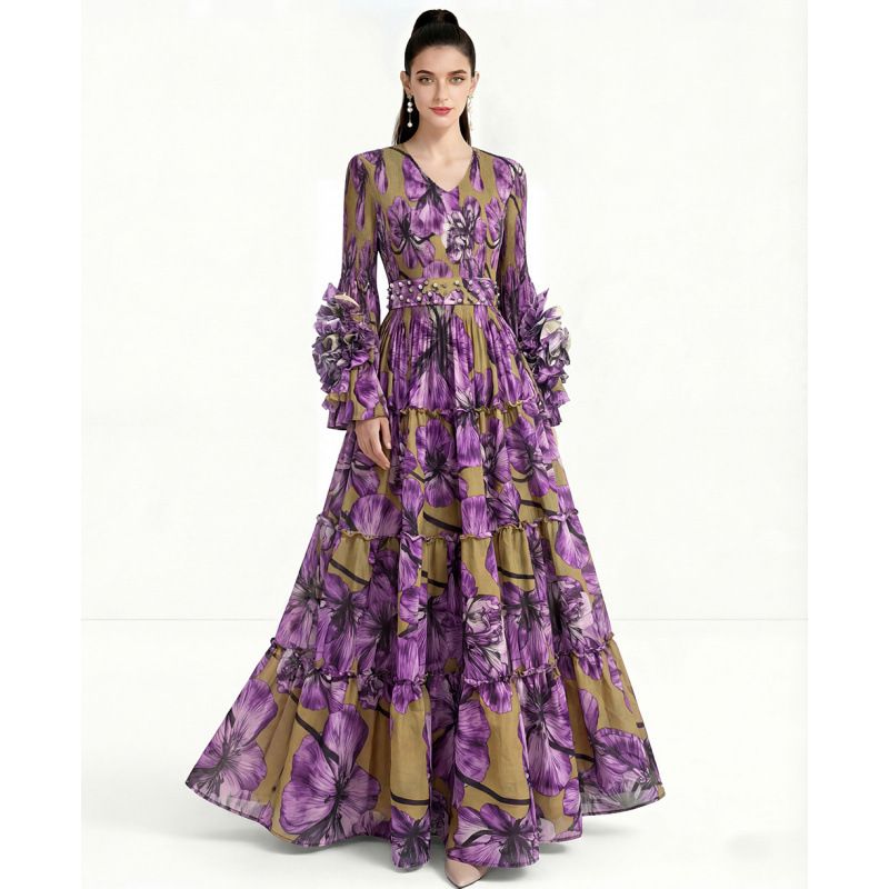 Women's Clothing Pleated Dress Three Dimensional Floral Bell Sleeve Heavy Duty Waist Cinching Ruffled Long Skirt For Spring And Autumn_ecoleips.com