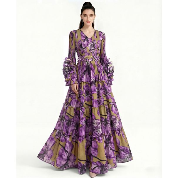 Women's Clothing Pleated Dress Three Dimensional Floral Bell Sleeve Heavy Duty Waist Cinching Ruffled Long Skirt For Spring And Autumn_ecoleips.com