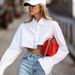 Fashionable Lapel Button down Cardigan Shirt for Women Loose Fit Irregular High Waisted Cropped Top European American Style_ecoleips.com