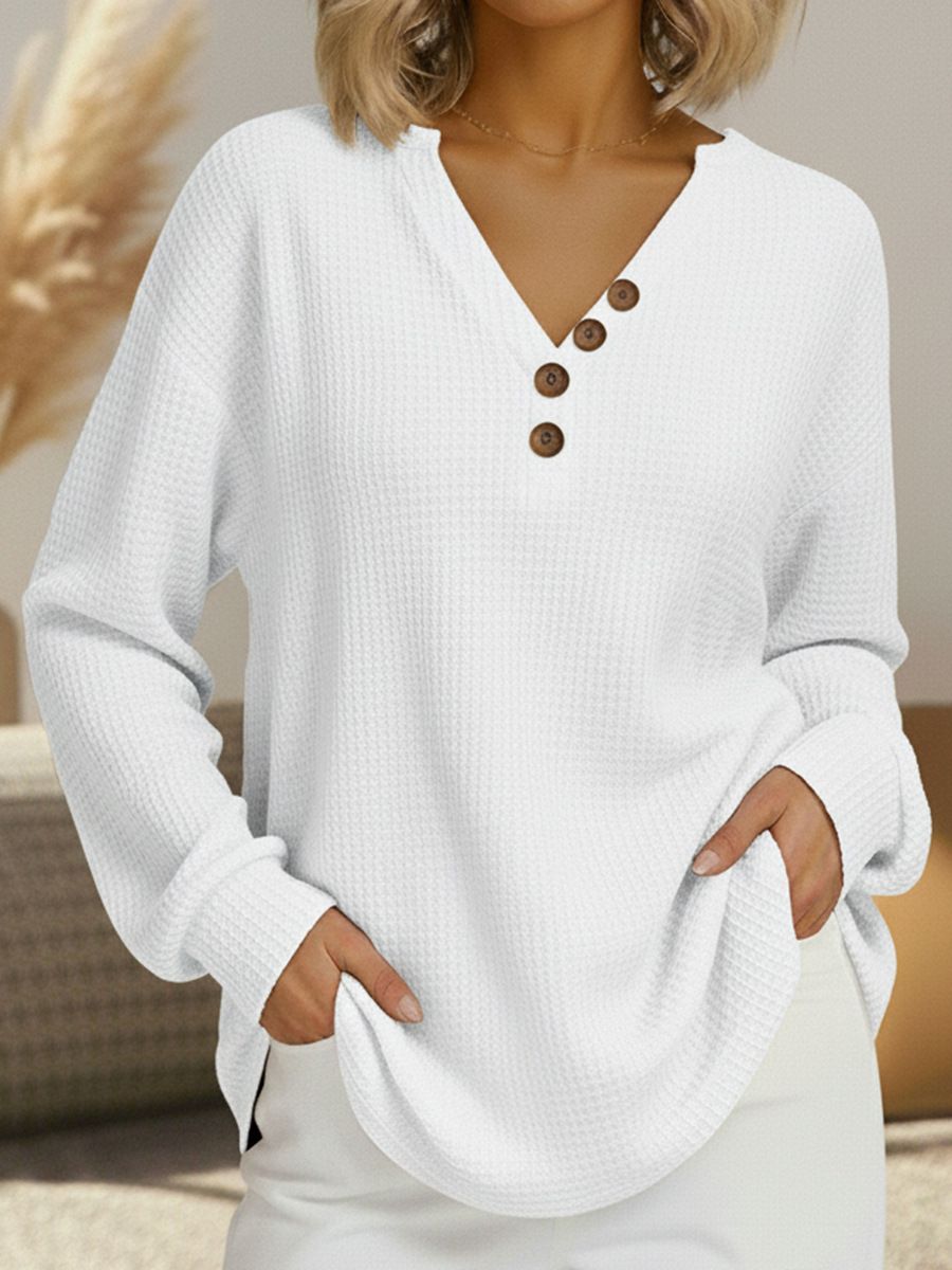 Waffle-Knit V-Neck Pullover – Long Sleeve Casual Button-Up Top For Women (Black/Navy/Red/White, Plus Sizes 4XL)_ecoleips.com