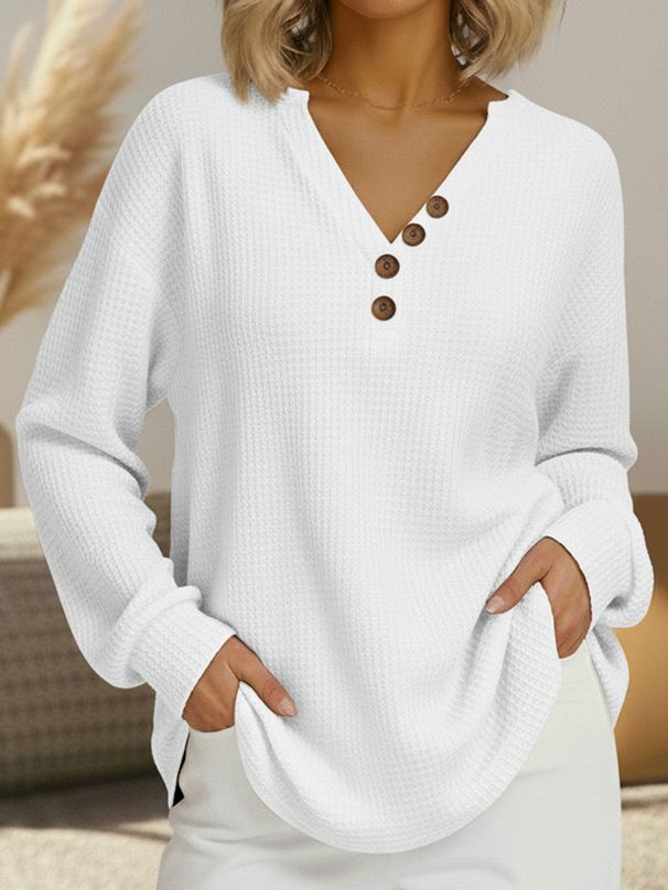 Waffle-Knit V-Neck Pullover – Long Sleeve Casual Button-Up Top For Women (Black/Navy/Red/White, Plus Sizes 4XL)_ecoleips.com