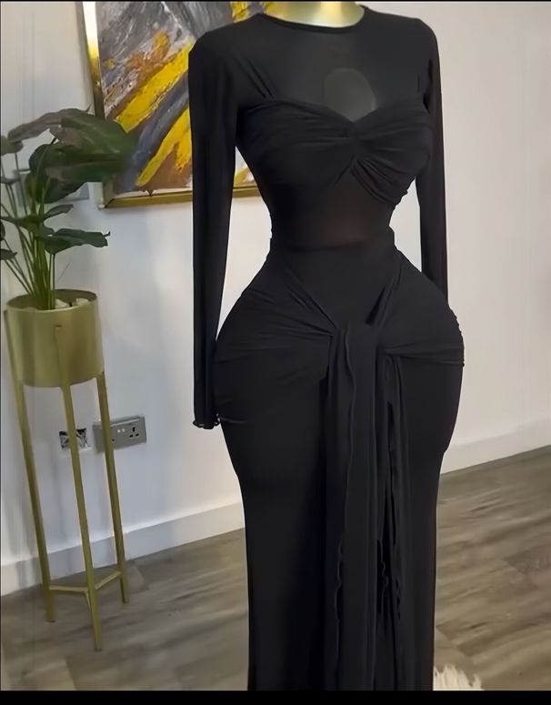 Women's Clothing Early Spring Solid Color Long Sleeved Round Neck Wrap Chest Tight Temperament Long Dress_ecoleips.com