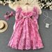 Women's Clothing Palace Style Mesh Splicing Puff Sleeve Dress Summer Women's Clothing Waist Slimming Beautiful Floral Long Skirt_ecoleips.com