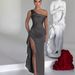 Women's Clothing Off Shoulder Satin Waist Dress Winter Irregular Hem Slit Long Skirt_ecoleips.com