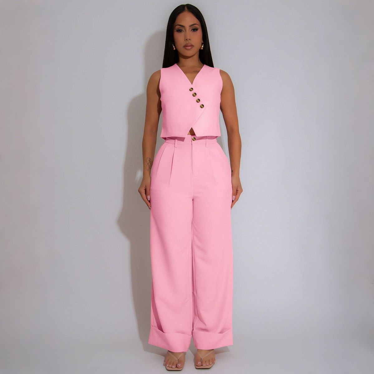 Women's Solid Color V Neck Sleeveless Vest Top Wide Leg Trousers Set Casual Loose Two Piece Spring/Autumn Wear_ecoleips.com