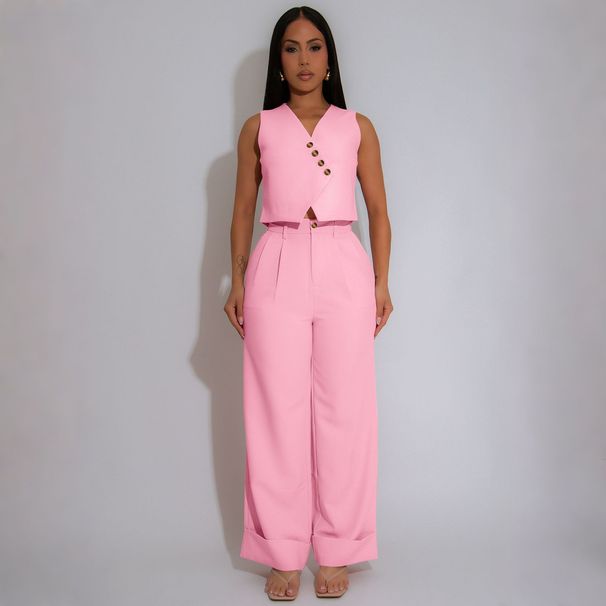 Women's Solid Color V Neck Sleeveless Vest Top Wide Leg Trousers Set Casual Loose Two Piece Spring/Autumn Wear_ecoleips.com