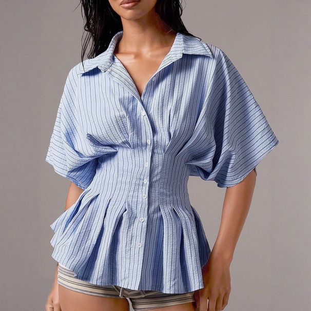 K New Waist Cinching Shirt Casual Versatile Striped Pleated Waist Cinching Slimming Versatile Top_ecoleips.com