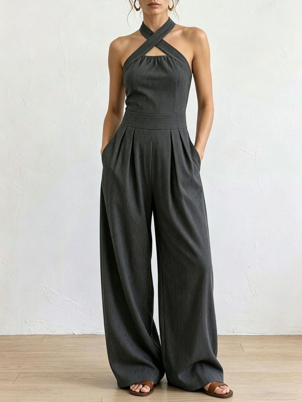 Summer New Style Women's Off-Shoulder Sleeveless Jumpsuit Wide Leg Halter Woven Striped Solid Color Elegant Romper_ecoleips.com