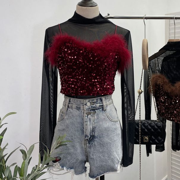 Two Piece Suit Fur Sequined Camisole + Long Sleeved Half High Collar Perspective Mesh T Shirt Top_ecoleips.com