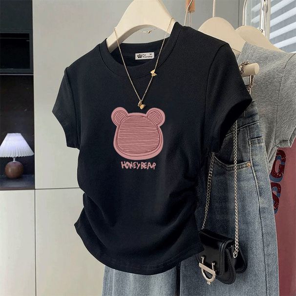 Women's Solid Color round Neck Short Sleeve T-Shirt Slim Fit High End Look Pure Cotton Fashionable Top for Summer_ecoleips.com