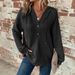 Women's Hooded Waffle Knit Drawstring Button V Neck Long Sleeved Pullover Casual Sports Sweatshirt_ecoleips.com