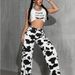 Women's High-Waisted Cow Print Wide Leg Pants Slimming Straight Leg Faux Jeans European American Style Retro Y2K Unique Print_ecoleips.com